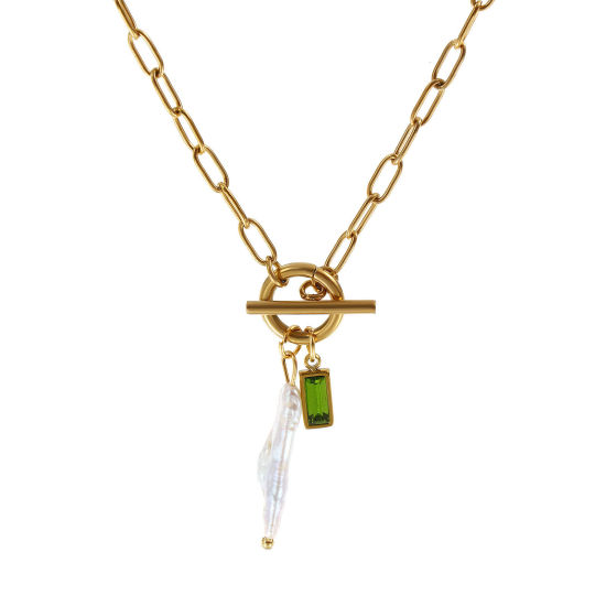 Bild von 18K Echtgold plattiert Büroklammerkette Rechteck Anhänger Halskette, 304 Edelstahl & Naturperle 45cm, Für Frauen, Olivgrün Zirkonia Weiß August Monatsstein Barock Geschenk, Umweltfreundliche PVD-Vakuumbeschichtung, 1 Strang