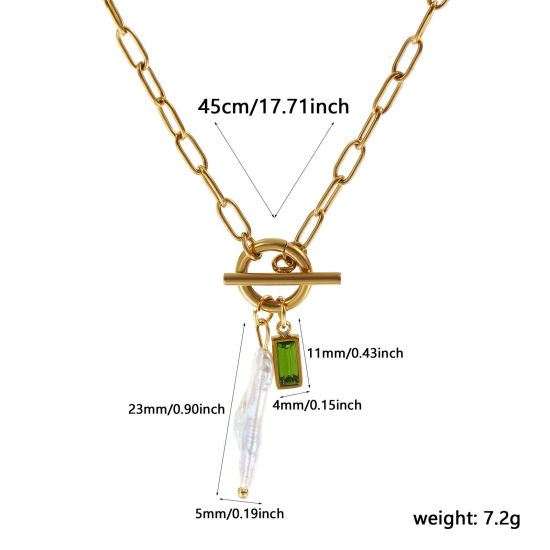 Bild von 18K Echtgold plattiert Büroklammerkette Rechteck Anhänger Halskette, 304 Edelstahl & Naturperle 45cm, Für Frauen, Olivgrün Zirkonia Weiß August Monatsstein Barock Geschenk, Umweltfreundliche PVD-Vakuumbeschichtung, 1 Strang