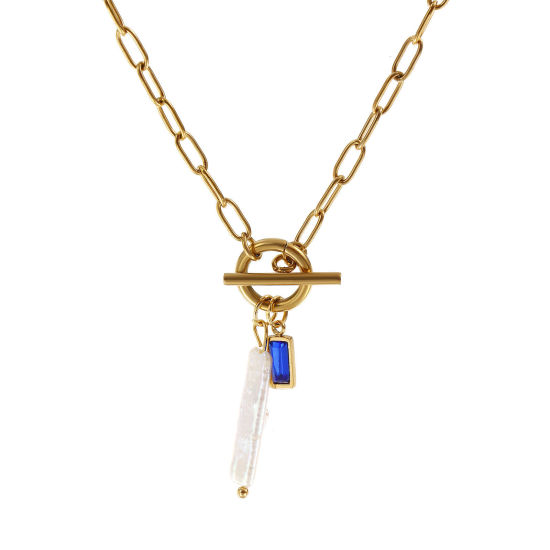 Bild von 18K Echtgold plattiert Büroklammerkette Rechteck Anhänger Halskette, 304 Edelstahl & Naturperle 45cm, Für Frauen, Knallblau Zirkonia Weiß September Monatsstein Barock Geschenk, Umweltfreundliche PVD-Vakuumbeschichtung, 1 Strang