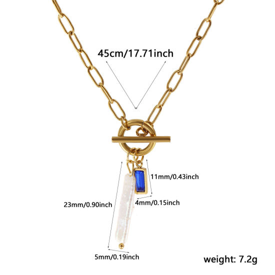 Bild von 18K Echtgold plattiert Büroklammerkette Rechteck Anhänger Halskette, 304 Edelstahl & Naturperle 45cm, Für Frauen, Knallblau Zirkonia Weiß September Monatsstein Barock Geschenk, Umweltfreundliche PVD-Vakuumbeschichtung, 1 Strang