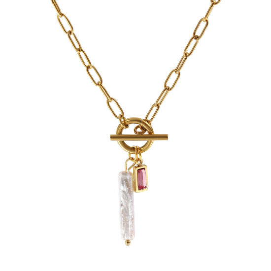 Bild von 18K Echtgold plattiert Büroklammerkette Rechteck Anhänger Halskette, 304 Edelstahl & Naturperle 45cm, Für Frauen, Fuchsie Zirkonia Weiß Oktober Monatsstein Barock Geschenk, Umweltfreundliche PVD-Vakuumbeschichtung, 1 Strang