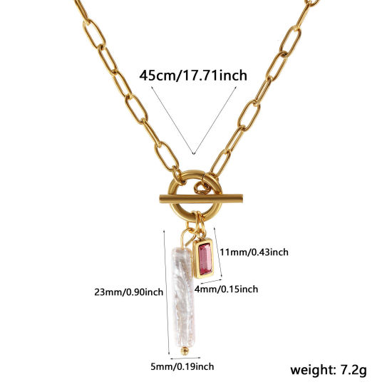 Bild von 18K Echtgold plattiert Büroklammerkette Rechteck Anhänger Halskette, 304 Edelstahl & Naturperle 45cm, Für Frauen, Fuchsie Zirkonia Weiß Oktober Monatsstein Barock Geschenk, Umweltfreundliche PVD-Vakuumbeschichtung, 1 Strang