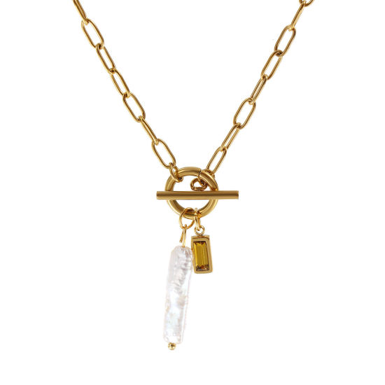 Bild von 18K Echtgold plattiert Büroklammerkette Rechteck Anhänger Halskette, 304 Edelstahl & Naturperle 45cm, Für Frauen, Gelb Zirkonia Weiß November Monatsstein Barock Geschenk, Umweltfreundliche PVD-Vakuumbeschichtung, 1 Strang