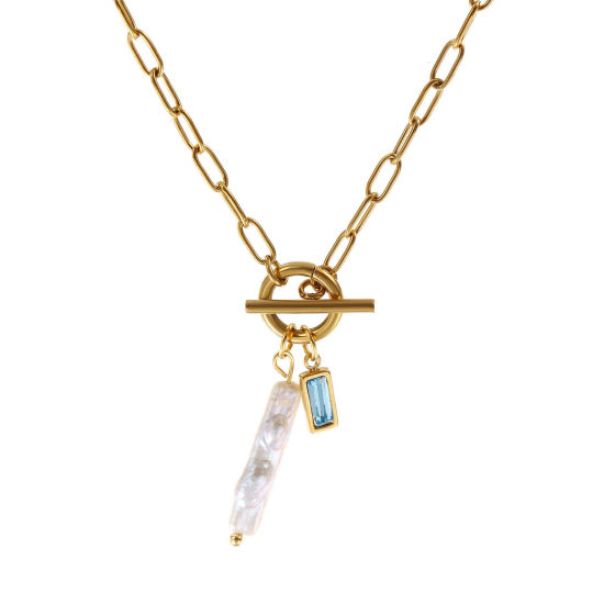 Bild von 18K Echtgold plattiert Büroklammerkette Rechteck Anhänger Halskette, 304 Edelstahl & Naturperle 45cm, Für Frauen, Hellblau Zirkonia Weiß Dezember Monatsstein Barock Geschenk, Umweltfreundliche PVD-Vakuumbeschichtung, 1 Strang
