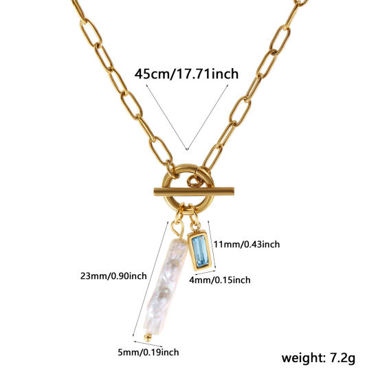 Bild von 18K Echtgold plattiert Büroklammerkette Rechteck Anhänger Halskette, 304 Edelstahl & Naturperle 45cm, Für Frauen, Hellblau Zirkonia Weiß Dezember Monatsstein Barock Geschenk, Umweltfreundliche PVD-Vakuumbeschichtung, 1 Strang