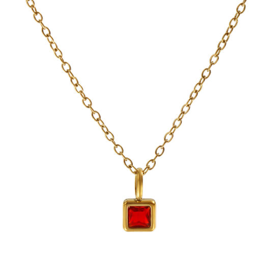 Immagine di 18K Vero Oro Placcato Catena a Cavo Quadrato Collana con Ciondolo, 304 Acciaio Inossidabile 45cm + 5cm, Per Donne, Vino Rosso Cubic Zirconiae Gennaio Pietre Nascita Squisito Regalo, Placcatura Sottovuoto PVD Ecologica, 1 Pz