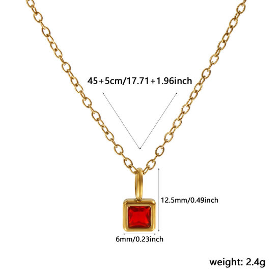 Immagine di 18K Vero Oro Placcato Catena a Cavo Quadrato Collana con Ciondolo, 304 Acciaio Inossidabile 45cm + 5cm, Per Donne, Vino Rosso Cubic Zirconiae Gennaio Pietre Nascita Squisito Regalo, Placcatura Sottovuoto PVD Ecologica, 1 Pz