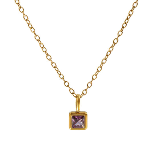 Immagine di 18K Vero Oro Placcato Catena a Cavo Quadrato Collana con Ciondolo, 304 Acciaio Inossidabile 45cm + 5cm, Per Donne, Viola Cubic Zirconiae Febbraio Pietre Nascita Squisito Regalo, Placcatura Sottovuoto PVD Ecologica, 1 Pz