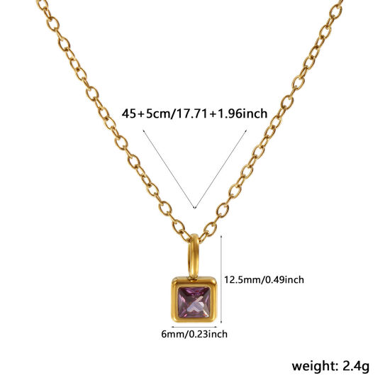 Immagine di 18K Vero Oro Placcato Catena a Cavo Quadrato Collana con Ciondolo, 304 Acciaio Inossidabile 45cm + 5cm, Per Donne, Viola Cubic Zirconiae Febbraio Pietre Nascita Squisito Regalo, Placcatura Sottovuoto PVD Ecologica, 1 Pz