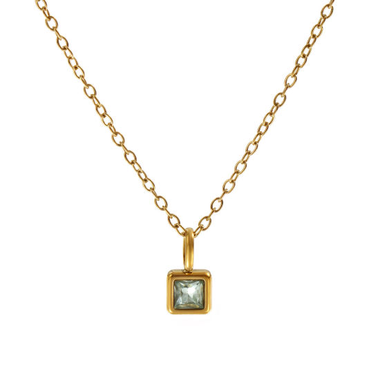 Immagine di 18K Vero Oro Placcato Catena a Cavo Quadrato Collana con Ciondolo, 304 Acciaio Inossidabile 45cm + 5cm, Per Donne, Verde Pallido Cubic Zirconiae Marzo Pietre Nascita Squisito Regalo, Placcatura Sottovuoto PVD Ecologica, 1 Pz