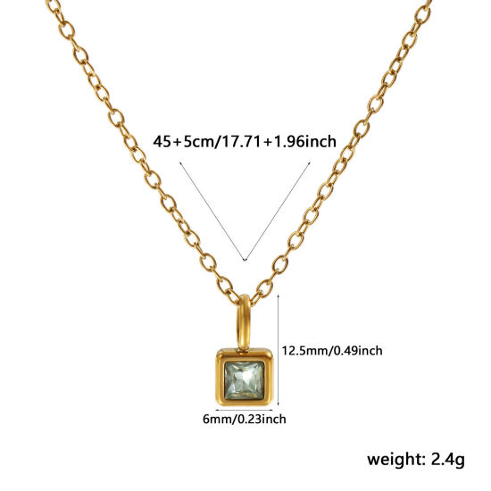 Immagine di 18K Vero Oro Placcato Catena a Cavo Quadrato Collana con Ciondolo, 304 Acciaio Inossidabile 45cm + 5cm, Per Donne, Verde Pallido Cubic Zirconiae Marzo Pietre Nascita Squisito Regalo, Placcatura Sottovuoto PVD Ecologica, 1 Pz