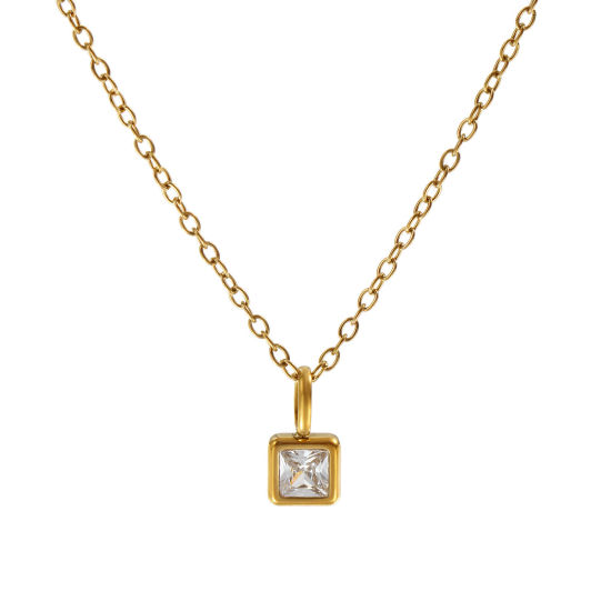 Immagine di 18K Vero Oro Placcato Catena a Cavo Quadrato Collana con Ciondolo, 304 Acciaio Inossidabile 45cm + 5cm, Per Donne, Trasparente Cubic Zirconiae Aprile Pietre Nascita Squisito Regalo, Placcatura Sottovuoto PVD Ecologica, 1 Pz