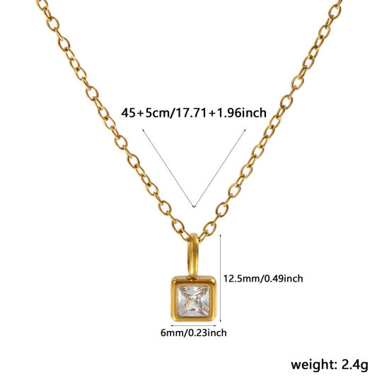 Immagine di 18K Vero Oro Placcato Catena a Cavo Quadrato Collana con Ciondolo, 304 Acciaio Inossidabile 45cm + 5cm, Per Donne, Trasparente Cubic Zirconiae Aprile Pietre Nascita Squisito Regalo, Placcatura Sottovuoto PVD Ecologica, 1 Pz