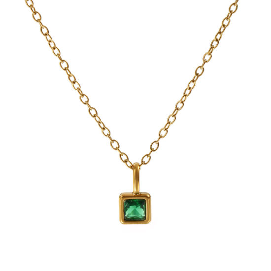 Immagine di 18K Vero Oro Placcato Catena a Cavo Quadrato Collana con Ciondolo, 304 Acciaio Inossidabile 45cm + 5cm, Per Donne, Smeraldo Cubic Zirconiae Maggio Pietre Nascita Squisito Regalo, Placcatura Sottovuoto PVD Ecologica, 1 Pz
