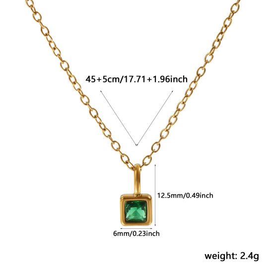 Immagine di 18K Vero Oro Placcato Catena a Cavo Quadrato Collana con Ciondolo, 304 Acciaio Inossidabile 45cm + 5cm, Per Donne, Smeraldo Cubic Zirconiae Maggio Pietre Nascita Squisito Regalo, Placcatura Sottovuoto PVD Ecologica, 1 Pz