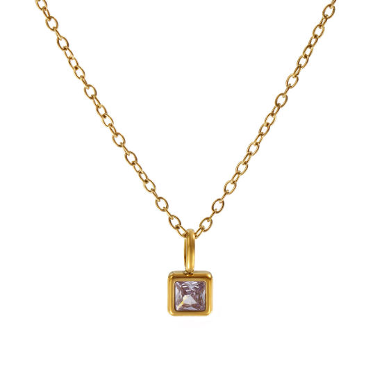 Immagine di 18K Vero Oro Placcato Catena a Cavo Quadrato Collana con Ciondolo, 304 Acciaio Inossidabile 45cm + 5cm, Per Donne, Viola Pallido Cubic Zirconiae Giugno Pietre Nascita Squisito Regalo, Placcatura Sottovuoto PVD Ecologica, 1 Pz