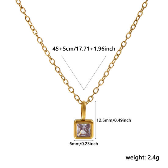 Immagine di 18K Vero Oro Placcato Catena a Cavo Quadrato Collana con Ciondolo, 304 Acciaio Inossidabile 45cm + 5cm, Per Donne, Viola Pallido Cubic Zirconiae Giugno Pietre Nascita Squisito Regalo, Placcatura Sottovuoto PVD Ecologica, 1 Pz