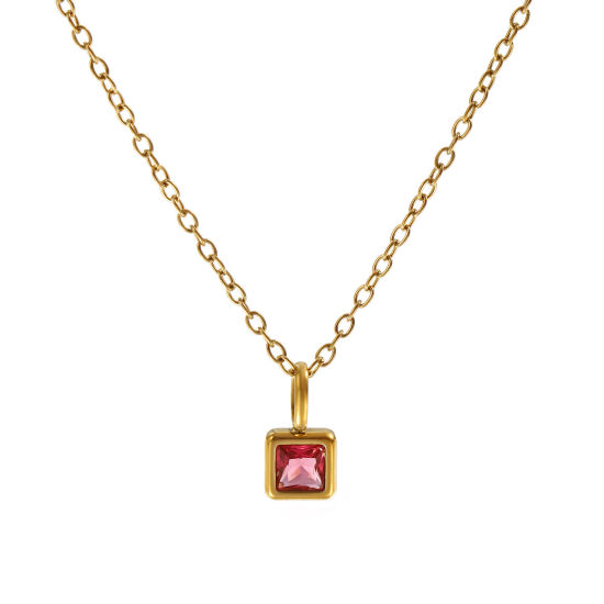 Immagine di 18K Vero Oro Placcato Catena a Cavo Quadrato Collana con Ciondolo, 304 Acciaio Inossidabile 45cm + 5cm, Per Donne, Rosso Prugna Cubic Zirconiae Luglio Pietre Nascita Squisito Regalo, Placcatura Sottovuoto PVD Ecologica, 1 Pz