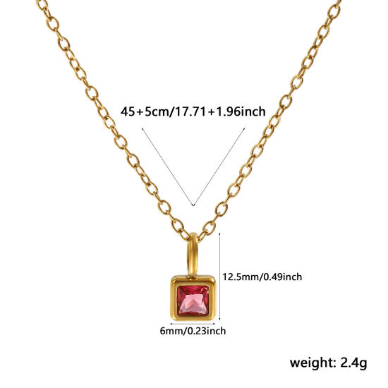 Immagine di 18K Vero Oro Placcato Catena a Cavo Quadrato Collana con Ciondolo, 304 Acciaio Inossidabile 45cm + 5cm, Per Donne, Rosso Prugna Cubic Zirconiae Luglio Pietre Nascita Squisito Regalo, Placcatura Sottovuoto PVD Ecologica, 1 Pz