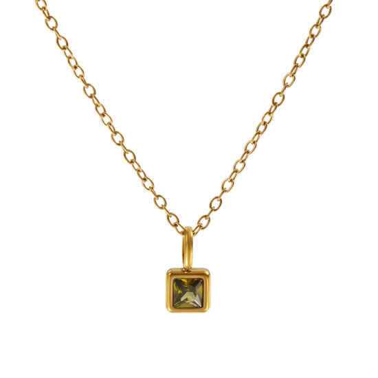 Immagine di 18K Vero Oro Placcato Catena a Cavo Quadrato Collana con Ciondolo, 304 Acciaio Inossidabile 45cm + 5cm, Per Donne, Verde Oliva Cubic Zirconiae Agosto Pietre Nascita Squisito Regalo, Placcatura Sottovuoto PVD Ecologica, 1 Pz