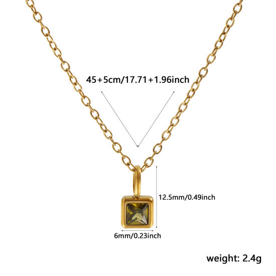Immagine di 18K Vero Oro Placcato Catena a Cavo Quadrato Collana con Ciondolo, 304 Acciaio Inossidabile 45cm + 5cm, Per Donne, Verde Oliva Cubic Zirconiae Agosto Pietre Nascita Squisito Regalo, Placcatura Sottovuoto PVD Ecologica, 1 Pz