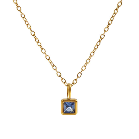 Immagine di 18K Vero Oro Placcato Catena a Cavo Quadrato Collana con Ciondolo, 304 Acciaio Inossidabile 45cm + 5cm, Per Donne, Blu Marino Cubic Zirconiae Settembre Pietre Nascita Squisito Regalo, Placcatura Sottovuoto PVD Ecologica, 1 Pz