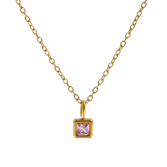 Immagine di 18K Vero Oro Placcato Catena a Cavo Quadrato Collana con Ciondolo, 304 Acciaio Inossidabile 45cm + 5cm, Per Donne, Rosa Cubic Zirconiae Ottobre Pietre Nascita Squisito Regalo, Placcatura Sottovuoto PVD Ecologica, 1 Pz