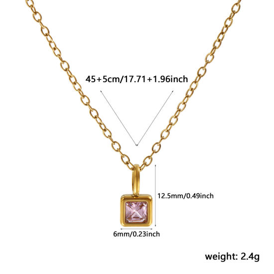 Immagine di 18K Vero Oro Placcato Catena a Cavo Quadrato Collana con Ciondolo, 304 Acciaio Inossidabile 45cm + 5cm, Per Donne, Rosa Cubic Zirconiae Ottobre Pietre Nascita Squisito Regalo, Placcatura Sottovuoto PVD Ecologica, 1 Pz