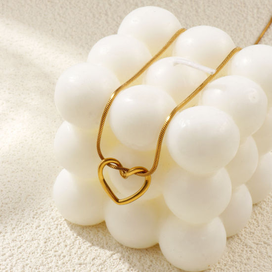 Bild von 18K Echtgold plattiert Quadratische Schlangenkette Herz Anhänger Halskette, 304 Edelstahl 45cm, Für Frauen, Valentinstag Exquisit Geschenk, Umweltfreundliche PVD-Vakuumbeschichtung, 1 Strang