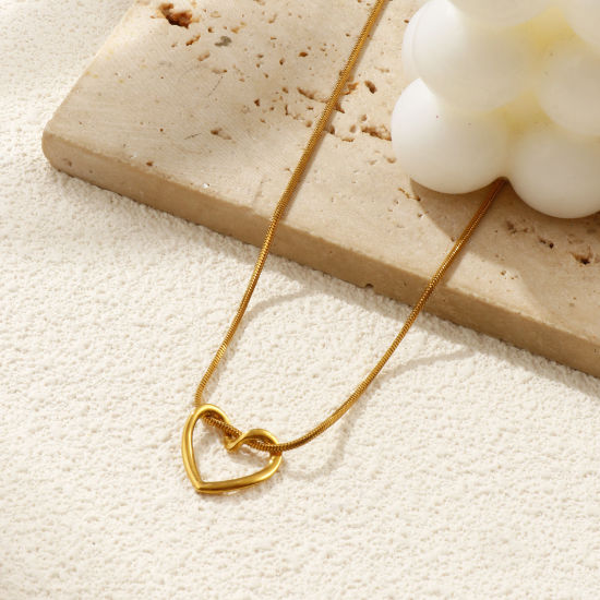 Bild von 18K Echtgold plattiert Quadratische Schlangenkette Herz Anhänger Halskette, 304 Edelstahl 45cm, Für Frauen, Valentinstag Exquisit Geschenk, Umweltfreundliche PVD-Vakuumbeschichtung, 1 Strang
