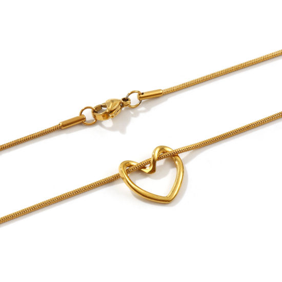 Bild von 18K Echtgold plattiert Quadratische Schlangenkette Herz Anhänger Halskette, 304 Edelstahl 45cm, Für Frauen, Valentinstag Exquisit Geschenk, Umweltfreundliche PVD-Vakuumbeschichtung, 1 Strang