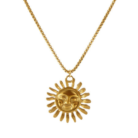 18K Real Gold Plated Box Chain Sun Pendant Charm Necklace, 304 Stainless Steel 45cm(17.7") + 5cm(2"), For Women, Galaxy Exquisite Gift, Eco-friendly PVD Vacuum Plating, 1 Piece