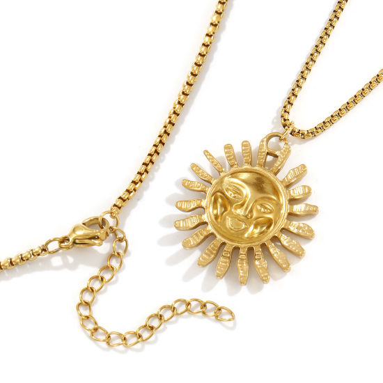 Immagine di 18K Vero Oro Placcato Catena a Casella Sole Collana con Ciondolo, 304 Acciaio Inossidabile 45cm + 5cm, Per Donne, Galassia Squisito Regalo, Placcatura Sottovuoto PVD Ecologica, 1 Pz