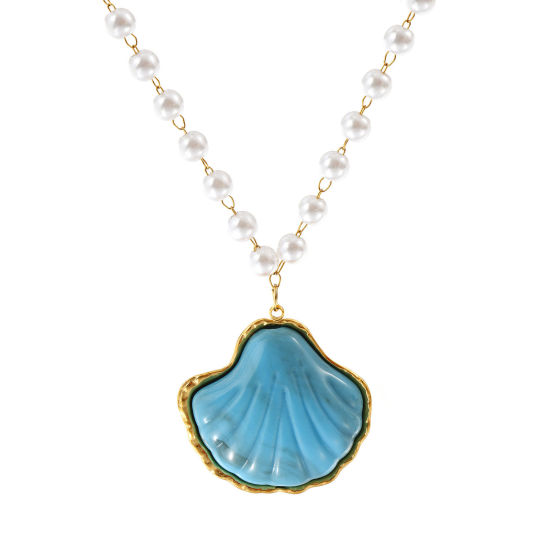 Immagine di 18K Vero Oro Placcato Catena di Perline Conchiglia Collana con Ciondolo, 304 Acciaio Inossidabile & Resina 45cm, Per Donne, Blu 3D, Gioielli Oceanici Elegante Regalo, Placcatura Sottovuoto PVD Ecologica, 1 Pz