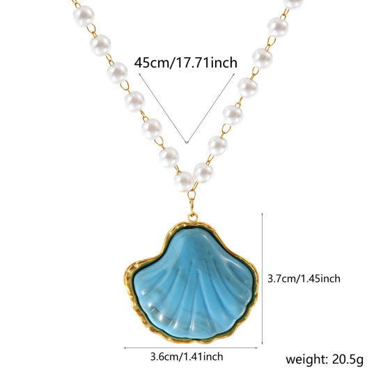 Immagine di 18K Vero Oro Placcato Catena di Perline Conchiglia Collana con Ciondolo, 304 Acciaio Inossidabile & Resina 45cm, Per Donne, Blu 3D, Gioielli Oceanici Elegante Regalo, Placcatura Sottovuoto PVD Ecologica, 1 Pz