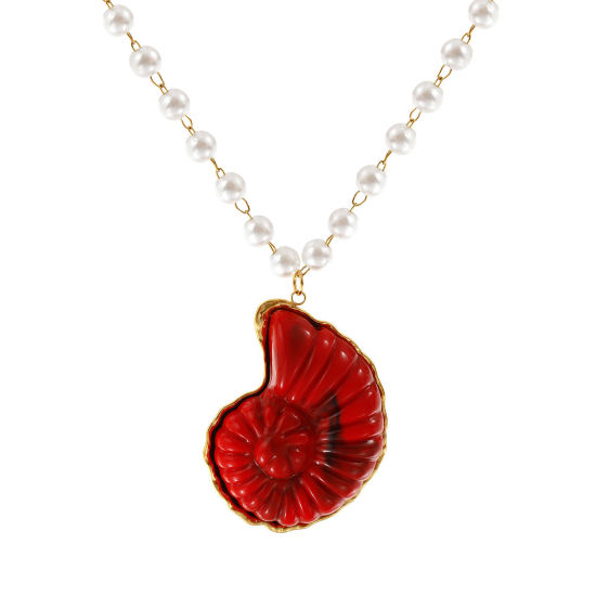 Immagine di 18K Vero Oro Placcato Catena di Perline Conchiglia Collana con Ciondolo, 304 Acciaio Inossidabile & Resina 45cm, Per Donne, Rosso 3D, Gioielli Oceanici Elegante Regalo, Placcatura Sottovuoto PVD Ecologica, 1 Pz