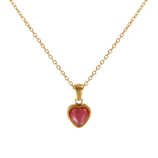 Picture of 18K Real Gold Plated Link Cable Chain Heart Pendant Charm Necklace, 304 Stainless Steel 45cm(17.7") + 5cm(2"), For Women, Pink Cat's Eye Imitation, Valentine's Day Dainty Gift, Eco-friendly PVD Vacuum Plating, 1 Piece