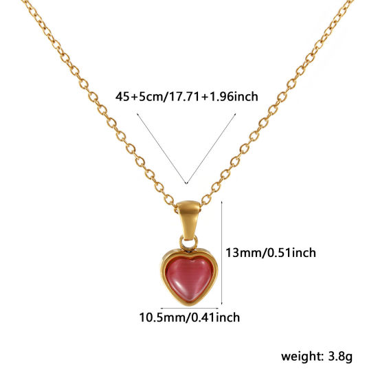 Picture of 18K Real Gold Plated Link Cable Chain Heart Pendant Charm Necklace, 304 Stainless Steel 45cm(17.7") + 5cm(2"), For Women, Pink Cat's Eye Imitation, Valentine's Day Dainty Gift, Eco-friendly PVD Vacuum Plating, 1 Piece