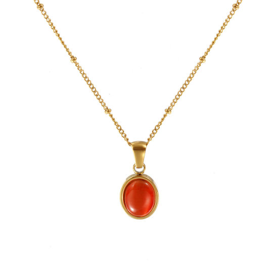 Picture of 18K Real Gold Plated Link Cable Chain Oval Pendant Charm Necklace, 304 Stainless Steel 45cm(17.7") + 5cm(2"), For Women, Orange Cat's Eye Imitation, Exquisite Dainty Gift, Eco-friendly PVD Vacuum Plating, 1 Piece