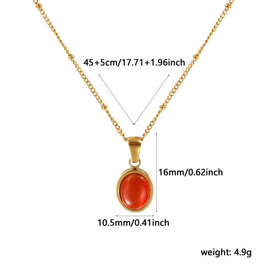 Picture of 18K Real Gold Plated Link Cable Chain Oval Pendant Charm Necklace, 304 Stainless Steel 45cm(17.7") + 5cm(2"), For Women, Orange Cat's Eye Imitation, Exquisite Dainty Gift, Eco-friendly PVD Vacuum Plating, 1 Piece