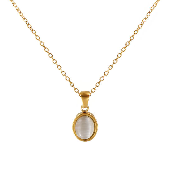 Picture of 18K Real Gold Plated Link Cable Chain Oval Pendant Charm Necklace, 304 Stainless Steel 45cm(17.7") + 5cm(2"), For Women, Creamy-White Cat's Eye Imitation, Exquisite Dainty Gift, Eco-friendly PVD Vacuum Plating, 1 Piece