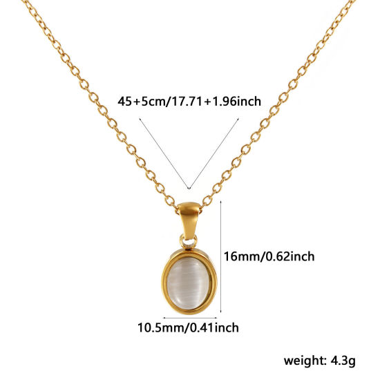 Picture of 18K Real Gold Plated Link Cable Chain Oval Pendant Charm Necklace, 304 Stainless Steel 45cm(17.7") + 5cm(2"), For Women, Creamy-White Cat's Eye Imitation, Exquisite Dainty Gift, Eco-friendly PVD Vacuum Plating, 1 Piece