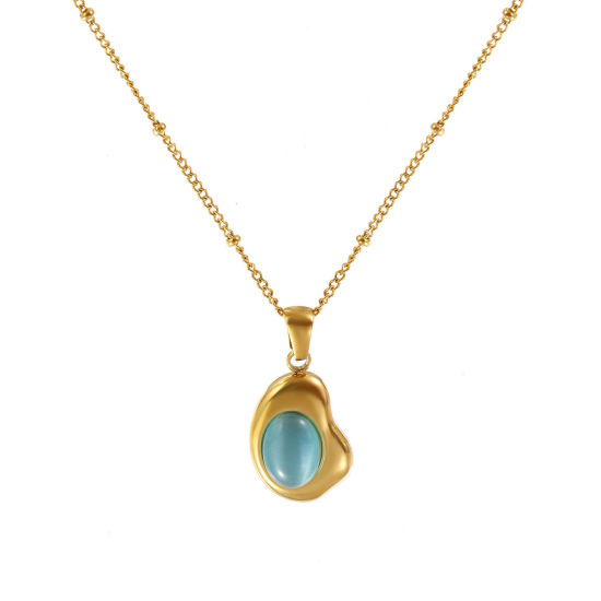 Picture of 18K Real Gold Plated Link Cable Chain Irregular Pendant Charm Necklace, 304 Stainless Steel 45cm(17.7") + 5cm(2"), For Women, Mint Green Cat's Eye Imitation, Exquisite Dainty Gift, Eco-friendly PVD Vacuum Plating, 1 Piece