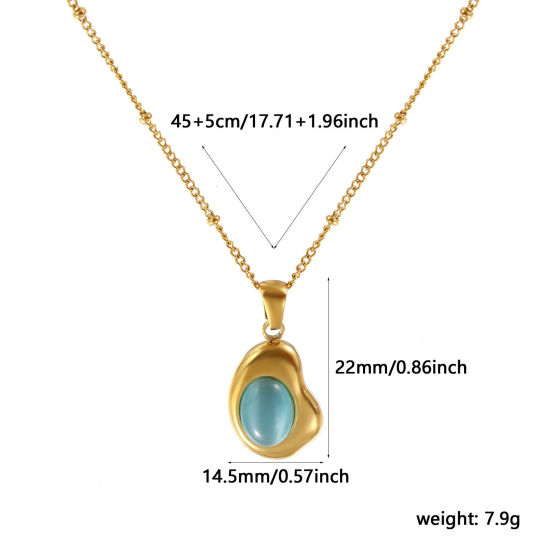 Picture of 18K Real Gold Plated Link Cable Chain Irregular Pendant Charm Necklace, 304 Stainless Steel 45cm(17.7") + 5cm(2"), For Women, Mint Green Cat's Eye Imitation, Exquisite Dainty Gift, Eco-friendly PVD Vacuum Plating, 1 Piece