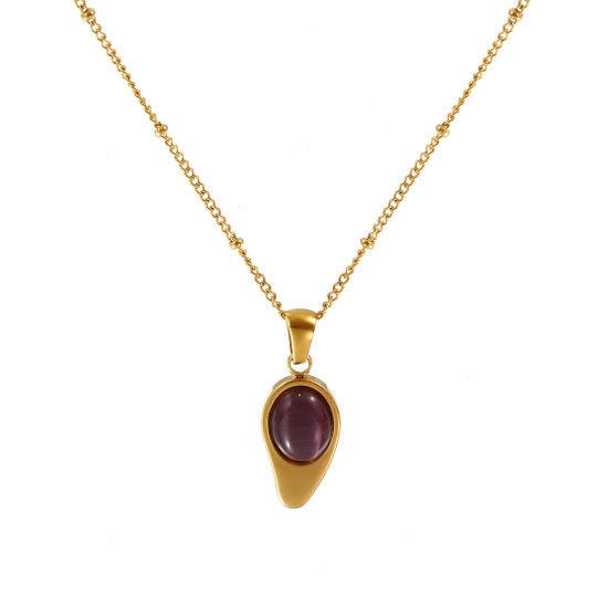 Picture of 18K Real Gold Plated Link Cable Chain Drop Pendant Charm Necklace, 304 Stainless Steel 45cm(17.7") + 5cm(2"), For Women, Purple Cat's Eye Imitation, Exquisite Dainty Gift, Eco-friendly PVD Vacuum Plating, 1 Piece