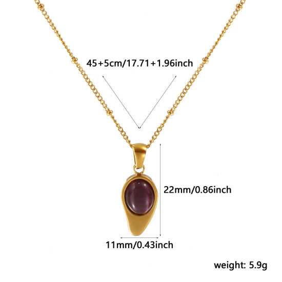 Picture of 18K Real Gold Plated Link Cable Chain Drop Pendant Charm Necklace, 304 Stainless Steel 45cm(17.7") + 5cm(2"), For Women, Purple Cat's Eye Imitation, Exquisite Dainty Gift, Eco-friendly PVD Vacuum Plating, 1 Piece