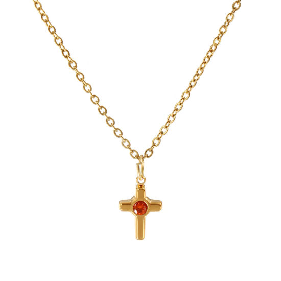 Bild von 18K Echtgold plattiert Kreuz Gliederketten Kreuz Anhänger Halskette, 304 Edelstahl 45cm + 5cm, Für Frauen, Orange Strassstein Religiös Stilvoll Geschenk, Umweltfreundliche PVD-Vakuumbeschichtung, 1 Strang