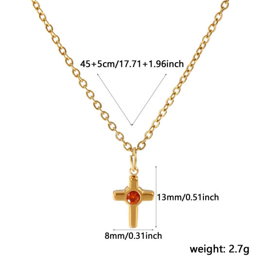 Bild von 18K Echtgold plattiert Kreuz Gliederketten Kreuz Anhänger Halskette, 304 Edelstahl 45cm + 5cm, Für Frauen, Orange Strassstein Religiös Stilvoll Geschenk, Umweltfreundliche PVD-Vakuumbeschichtung, 1 Strang