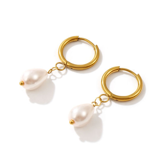 Bild von 1 Paar Umweltfreundliche Vakuumbeschichtung Süß Exquisit Vergoldet Hellrosa 304 Edelstahl & Acryl Tropfen Imitat Perle Hoop Ohrringe Für Frauen Geschenk 3.8cm x 1.6cm, Pfosten-/Drahtstärke: 1mm(18 Gauge)