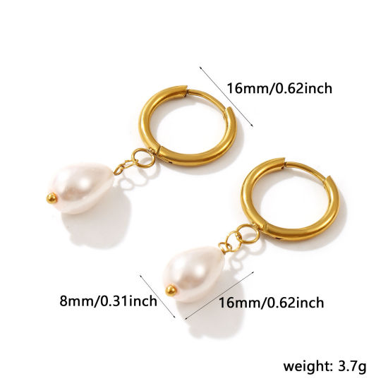 Bild von 1 Paar Umweltfreundliche Vakuumbeschichtung Süß Exquisit Vergoldet Hellrosa 304 Edelstahl & Acryl Tropfen Imitat Perle Hoop Ohrringe Für Frauen Geschenk 3.8cm x 1.6cm, Pfosten-/Drahtstärke: 1mm(18 Gauge)